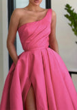 A-line Sleeveless One-Shoulder Long/Floor-Length Satin Prom Dress With Split Ruffles Pockets