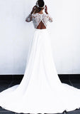 A-Line/Princess Stretch Crepe Lace V-neck Long Sleeves Sweep/Brush Train Wedding Dresses