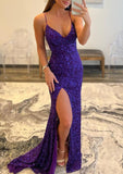 Trumpet/Mermaid V Neck Sleeveless Sweep Train Allover Sparkly Sequined Prom Dress With Split