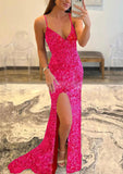 Trumpet/Mermaid V Neck Sleeveless Sweep Train Allover Sparkly Sequined Prom Dress With Split