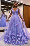 A-Line Prom Dresses Floral Dress Formal Floor Length Sleeveless V Neck Tulle with Appliques 2023