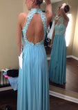 A-Line Halter Appliqued Open-Back Back Chiffon Floor-Length Dresses