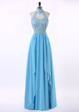 A-Line Halter Appliqued Open-Back Back Chiffon Floor-Length Dresses