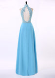 A-Line Halter Appliqued Open-Back Back Chiffon Floor-Length Dresses