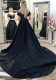 A-line/Princess Off-the-Shoulder Sleeveless Chapel Train Satin Prom Dress