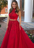 A-line/Princess High-Neck Sleeveless Long/Floor-Length Tulle Prom Dress With Appliqued