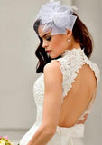 A-line/Princess High-Neck Sleeveless Knee-Length Tulle Wedding Dress With Lace