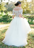 A-line/Princess Off-the-Shoulder Short Sleeve Long/Floor-Length Tulle Wedding Dress With Lace