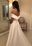 A-line/Princess Off-the-Shoulder Sleeveless Court Train Satin Wedding Dress With Bowknot Waistband