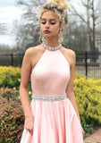 A-line/Princess High-Neck Sleeveless Sweep Train Satin Prom Dress With Waistband Beading