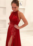 A-line/Princess Halter Sleeveless Sweep Train Chiffon Prom Dress With Appliqued Split