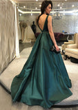 A-line/Princess Bateau Sleeveless Court Train Satin Prom Dress With Beading Waistband