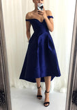 A-line/Princess Off-the-Shoulder Sleeveless Asymmetrical Satin Bridesmaid Dress With Pleated