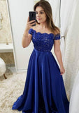 A-line/Princess Off-the-Shoulder Short Sleeve Long/Floor-Length Charmeuse Prom Dress With Appliqued Beading Waistband