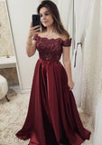 A-line/Princess Off-the-Shoulder Short Sleeve Long/Floor-Length Charmeuse Prom Dress With Appliqued Beading Waistband