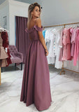 A-line/Princess Off-the-Shoulder Sleeveless Long/Floor-Length Elastic Satin Prom Dress With Split