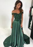 A-line/Princess Off-the-Shoulder Sleeveless Court Train Charmeuse Evening Dress With Split Appliqued Pleated