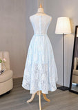 A-line/Princess Bateau Sleeveless Asymmetrical Lace Prom Dress With Waistband Bowknot