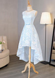 A-line/Princess Bateau Sleeveless Asymmetrical Lace Prom Dress With Waistband Bowknot