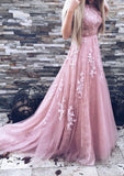 A-line/Princess Bateau Sleeveless Court Train Tulle Prom Dress With Sashes Appliqued