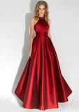 A-line/Princess High-Neck Sleeveless Long/Floor-Length Satin Prom Dresses With Pleated