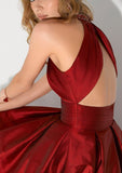 A-line/Princess High-Neck Sleeveless Long/Floor-Length Satin Prom Dresses With Pleated