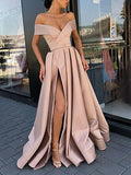 A-line Off-the-Shoulder Long/Floor-Length Satin Prom Dress With Bandage