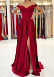 A-line Off-the-Shoulder Long/Floor-Length Satin Prom Dress With Split