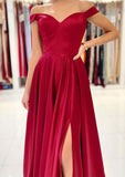 A-line Off-the-Shoulder Long/Floor-Length Satin Prom Dress With Split