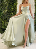 A-line Sleeveless Cowl Neck Long/Floor-Length Charmeuse Prom Dress With Pleated Split