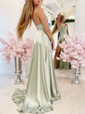 A-line Sleeveless Cowl Neck Long/Floor-Length Charmeuse Prom Dress With Pleated Split