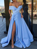 A-line Off-the-Shoulder Cap Straps Sweep Train Satin Prom Dress With Pleated Split