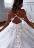 A-line Sweetheart Sleeveless Tulle Chapel Train Wedding Dress With Appliques Lace