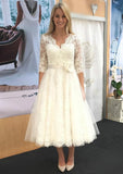 A-line V Neck 3/4 Sleeve Tulle Lace Tea-Length Wedding Dress With Waistband Flower