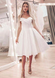 A-line Off-the-Shoulder Sleeveless Knee-Length Satin Wedding Dress