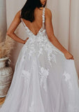 A-line V Neck Sleeveless Court Train Lace Tulle Wedding Dress