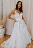 A-line V Neck Sleeveless Court Train Lace Tulle Wedding Dress