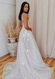 A-line V Neck Sleeveless Court Train Lace Tulle Wedding Dress