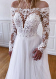 A-line Off-the-Shoulder Full/Long Sleeve Sweep Train Tulle Lace Wedding Dress