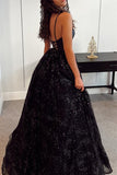 A-line Princess Sweetheart Sleeveless Tulle Satin Sweep Train Prom Dress With Glitter