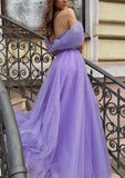 A-line Off-the-Shoulder Sleeveless Court Train Glitter Tulle Prom Dress With Split Pleated