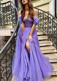 A-line Off-the-Shoulder Sleeveless Court Train Glitter Tulle Prom Dress With Split Pleated