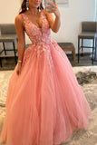 A-Line Prom Dresses Open Back Dress Formal Floor Length Sleeveless V Neck Tulle Backless with Pleats Beading Appliques 2023