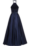 Women's Halter A-line Beaded Satin Evening Prom Dress Long Formal Gown with Pockets