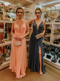 V-Neck Bridesmaid Dresses for Women Long Simple A-Line Formal Dresses with Slit