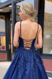 A-line V Neck Spaghetti Straps Sweep Train Tulle Prom Dress With Appliqued