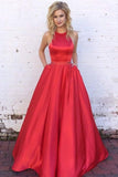 Women's Halter A-line Beaded Satin Evening Prom Dress Long Formal Gown with Pockets