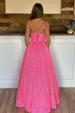 A-line One-Shoulder Sleeveless Long/Floor-Length Sequined Prom Dress With Pockets