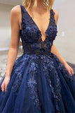 A Line V Neck Dark Blue Lace Beaded Prom Dresses, Dark Blue Lace Long Formal Evening Dresses - dennisdresses