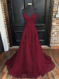 A-line V Neck Spaghetti Straps Sweep Train Tulle Prom Dress With Appliqued - dennisdresses